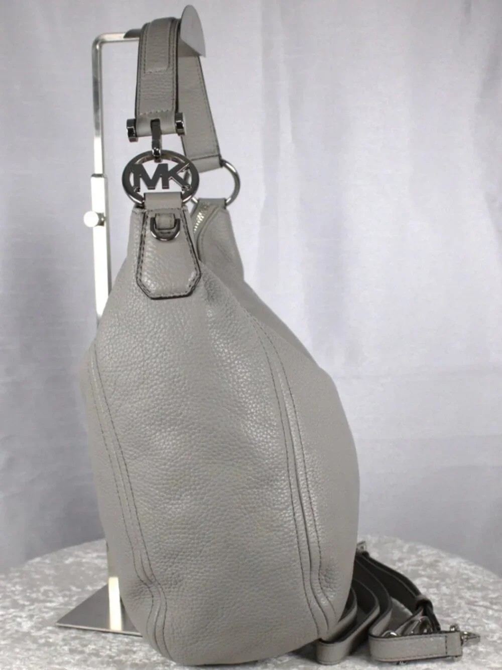 Michael Kors Fulton Large Pearl Grey Leather Convertible Shoulder Hobo Bag